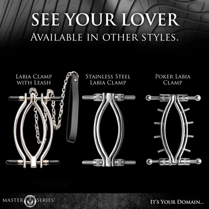 Master Series Male Sex Toys Spread Em Stainless Steel Poker Labia Clamp with Adjustable Pressure Screws